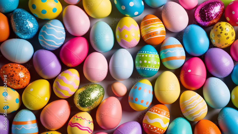Vibrant Collection of Easter Eggs Close-Up Arrangement of Pastel Colors with Unique Patterns and Glittery Textures, Filling the Frame for a Festive and Playful Composition Vibrant Collection of Easter Eggs Close-Up Arrangement of Pastel Colors with Unique Patterns and Glittery Textures, Filling the Frame for a Festive and Playful Composition
