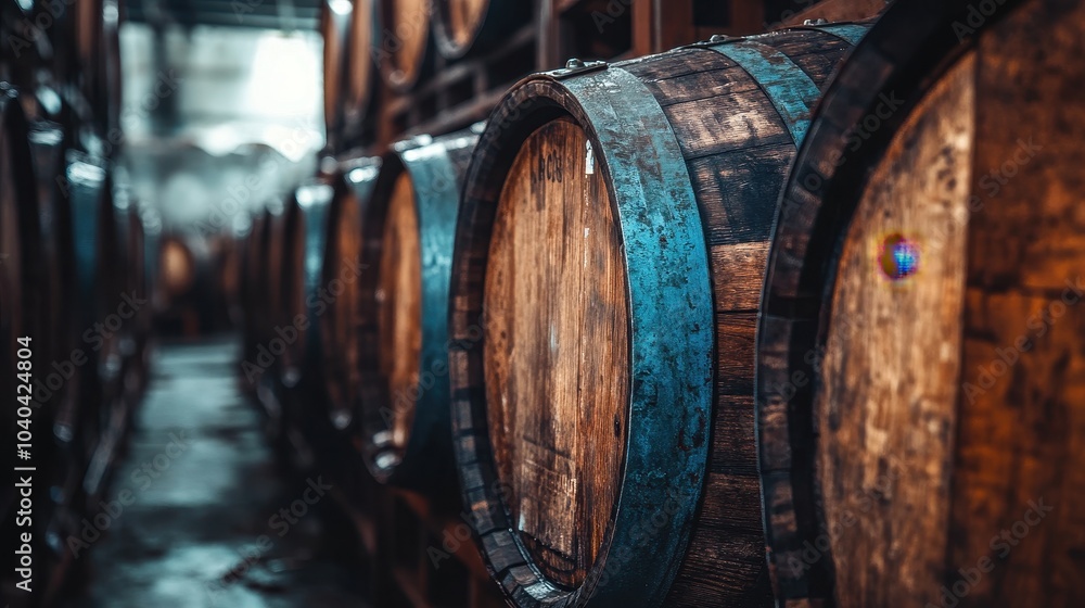 Whiskey, bourbon, scotch barrels in an aging facility. Hand edited, generative AI based. Whiskey, bourbon, scotch barrels in an aging facility. Hand edited, generative AI based.