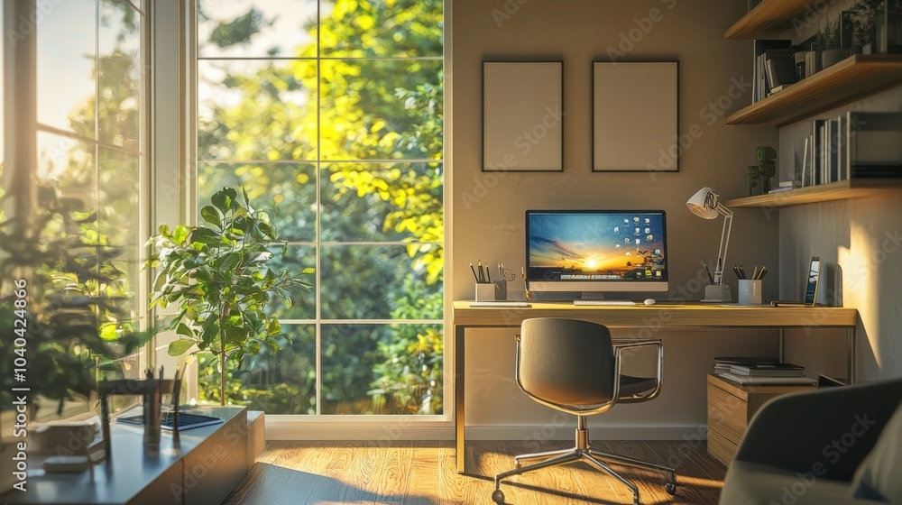 Fototapeta premium A computer desk with a large monitor and a chair