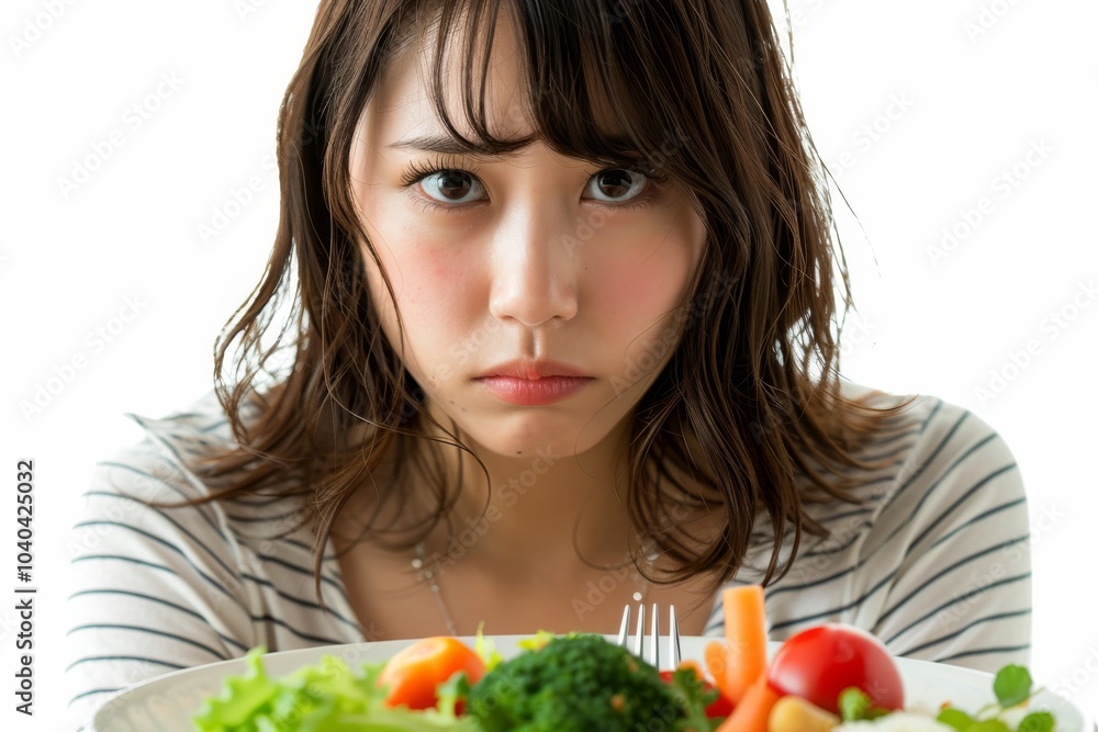 Asian woman on a diet, unhappy with vegetables on her fork, white background Asian woman on a diet, unhappy with vegetables on her fork, white background