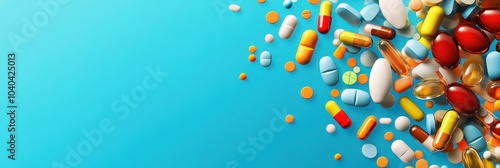 Banner made with assorted multicolored medicine pills, capsules, and tablets on blue background with copyspace. Immune system vitamins and supplements. Dietary bio supplements.