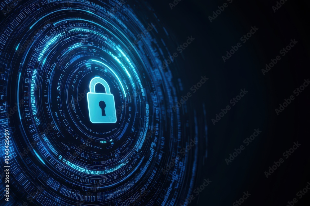 Fototapeta premium Digital lock symbol on a futuristic background with binary code representing cyber security.