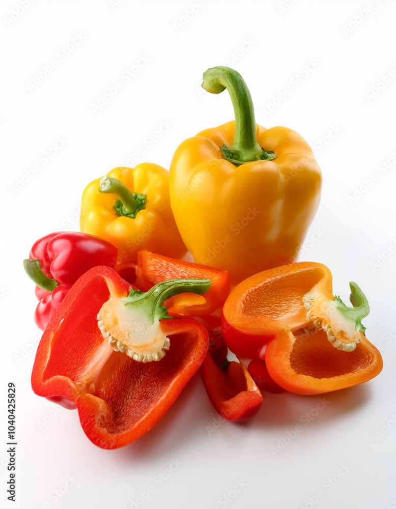 Sweet pepper whole and sliced scattered around background concept isolated white Sweet pepper whole and sliced scattered around background concept isolated white