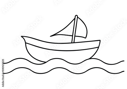 One Line Drawing of a Boat Sailing on Waves – Nautical Minimalist Vector