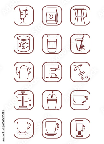 Vector image of coffee icon set in lines with white background