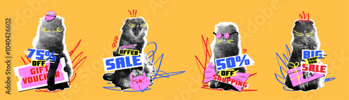 Creative collage with halftone effects, paper cutouts and scribble on the theme of sales. Funny pet cut out of paper. For advertising on the Internet, social networks. Special offer, discounts, sale.