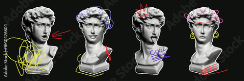 Set of vintage statues in halftone style. Cut-out retro elements mixed with scribbles to create collages.
