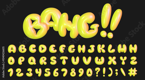 Inflatable 3D alphabet with reflective plastic texture. Trendy set of letters, numbers and symbols in yellow-orange colors.