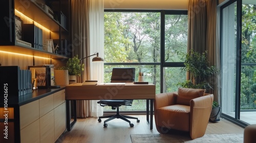 Wallpaper Mural A home office with a desk, chair, and potted plants Torontodigital.ca