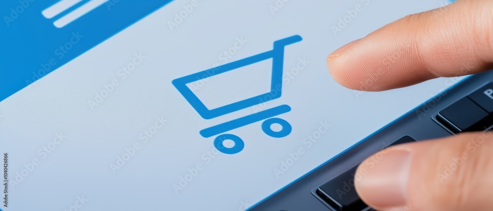 Finger pointing at a digital shopping cart icon on a computer screen, symbolizing online shopping. Finger pointing at a digital shopping cart icon on a computer screen, symbolizing online shopping.