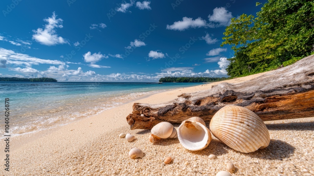 A sunny beach scene featuring seashells on fine sand, with a beautiful blue sky and scattered clouds in the background. A sunny beach scene featuring seashells on fine sand, with a beautiful blue sky and scattered clouds in the background.