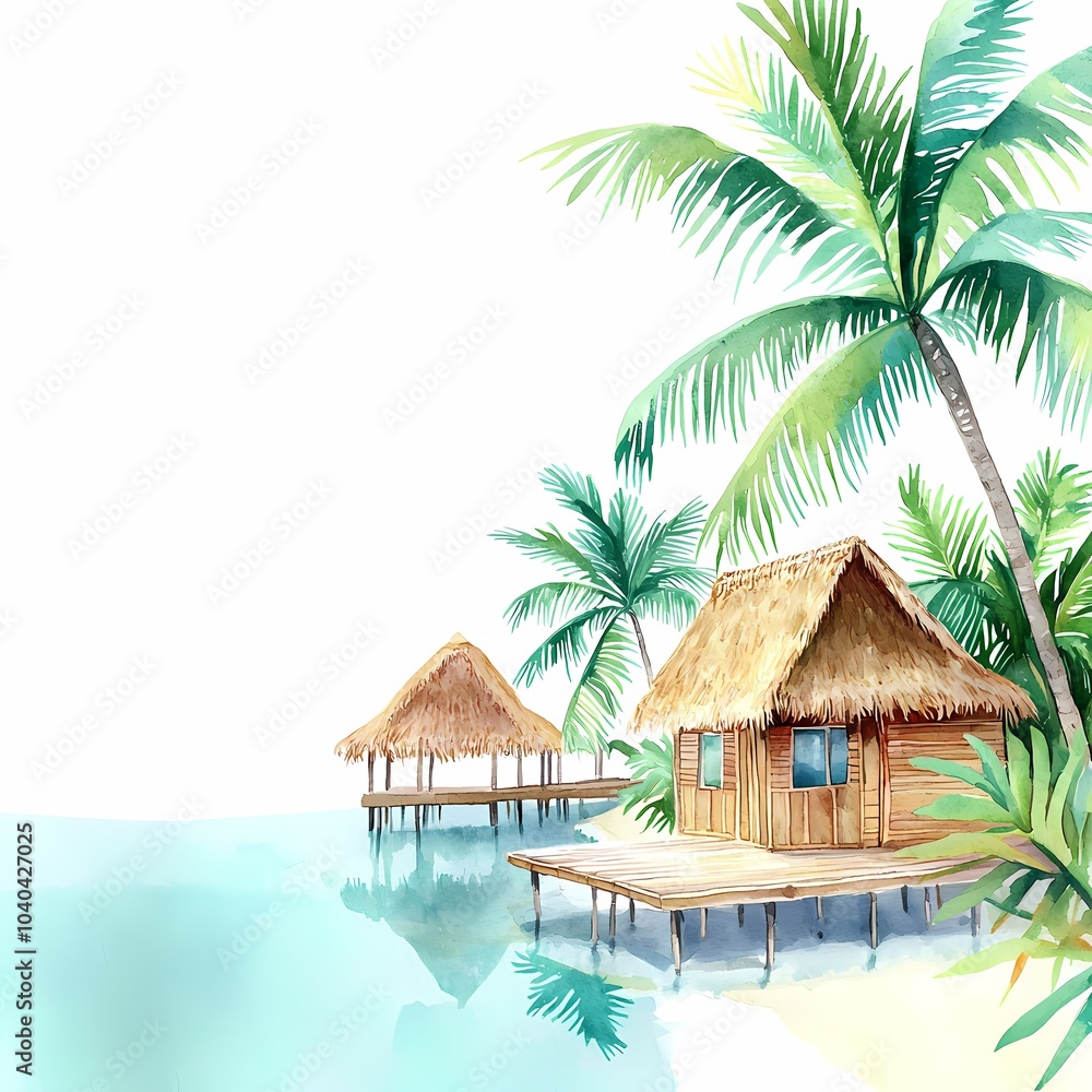 Tropical Island Watercolor Travel Scene with Tradition