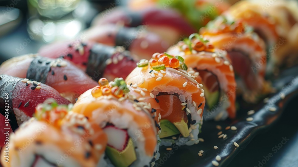 Close-up of colorful sushi varieties like eel rolls and spicy tuna on a chic black plate, isolated on a white background Close-up of colorful sushi varieties like eel rolls and spicy tuna on a chic black plate, isolated on a white background