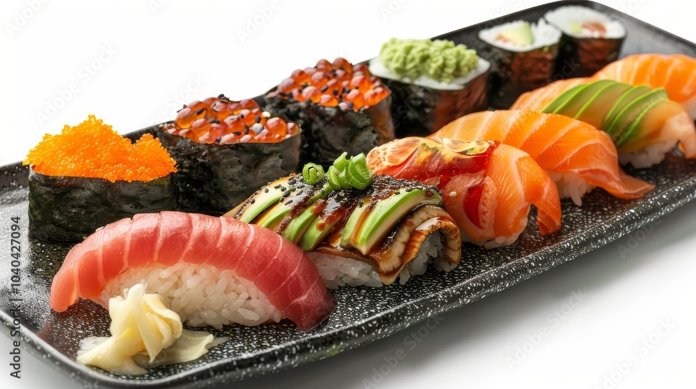 Close-up of colorful sushi varieties like eel rolls and spicy tuna on a chic black plate, isolated on a white background Close-up of colorful sushi varieties like eel rolls and spicy tuna on a chic black plate, isolated on a white background