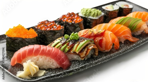 Close-up of colorful sushi varieties like eel rolls and spicy tuna on a chic black plate, isolated on a white background photo