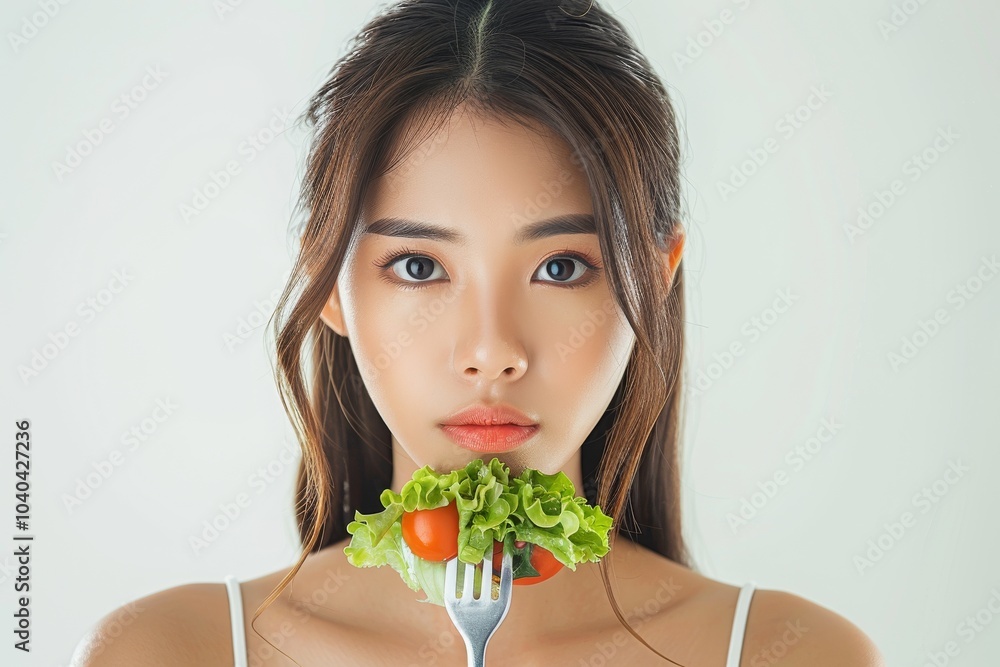Asian woman on a diet, unhappy with vegetables on her fork, white background Asian woman on a diet, unhappy with vegetables on her fork, white background