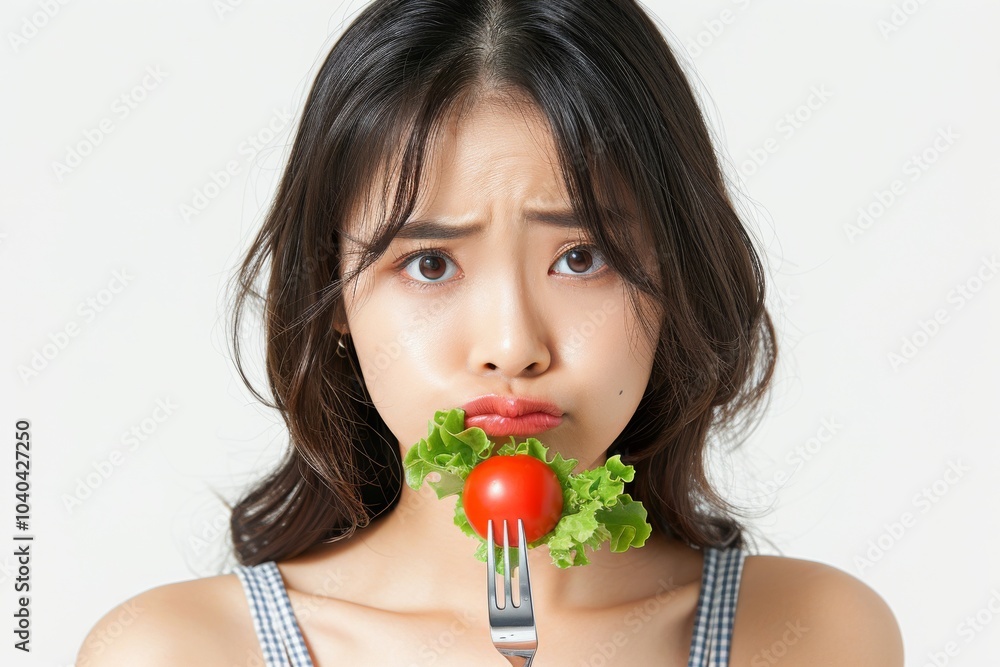 Asian woman on a diet, unhappy with vegetables on her fork, white background Asian woman on a diet, unhappy with vegetables on her fork, white background