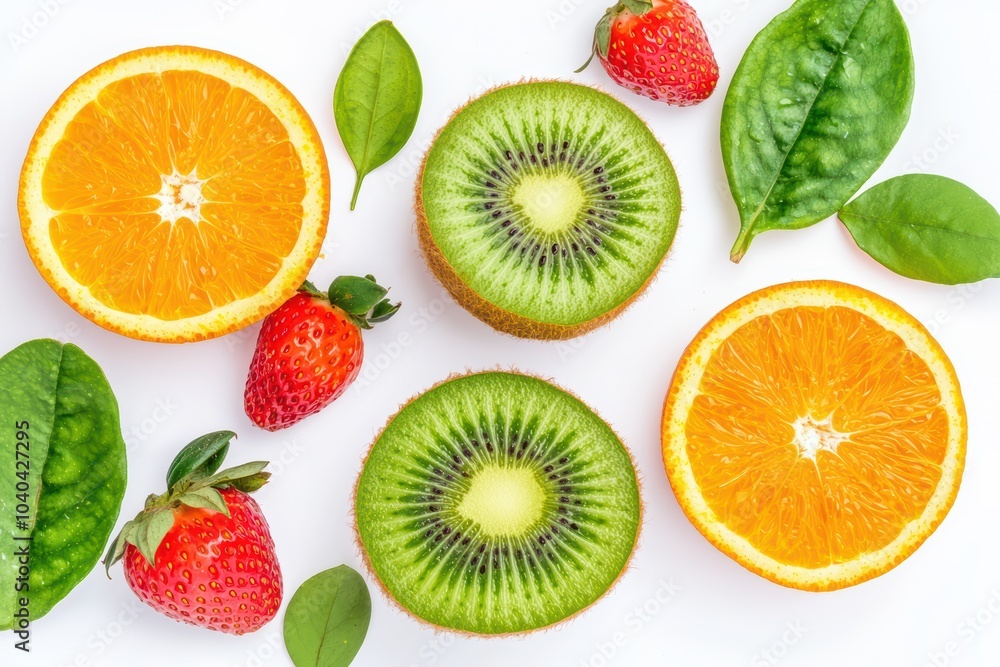 Fresh fruits including orange, kiwi, and strawberries with green leaves on a white background. Fresh fruits including orange, kiwi, and strawberries with green leaves on a white background.