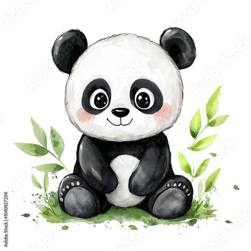 Cute and playful panda sitting among green leaves, perfect for children's illustrations and wildlife-themed projects. photo