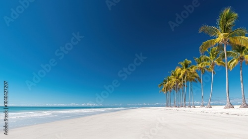 A serene beach scene featuring golden palm trees against a clear blue sky and calm ocean waves lapping at the pristine white sand.