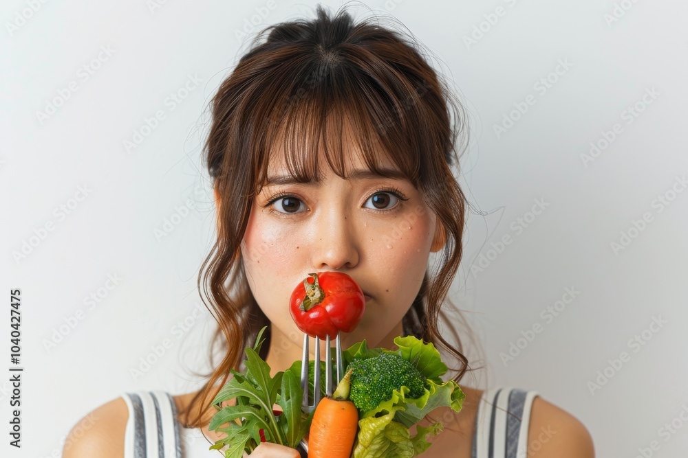 Asian woman on a diet, unhappy with vegetables on her fork, white background Asian woman on a diet, unhappy with vegetables on her fork, white background