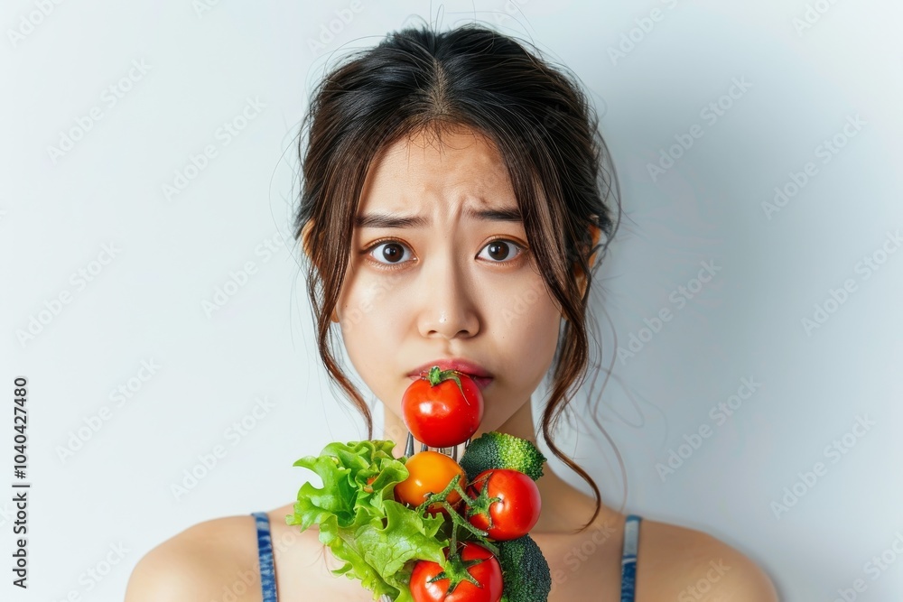 Asian woman on a diet, unhappy with vegetables on her fork, white background Asian woman on a diet, unhappy with vegetables on her fork, white background