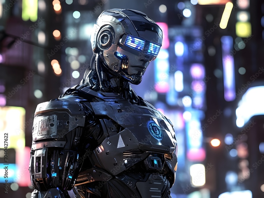 Futuristic Cyborg Robot Walking in Neon-Lit City at Night Futuristic Cyborg Robot Walking in Neon-Lit City at Night