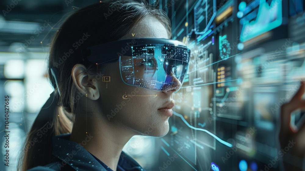 Professional interacting with an AR interface in an office, headset-equipped, managing marketing tasks Professional interacting with an AR interface in an office, headset-equipped, managing marketing tasks