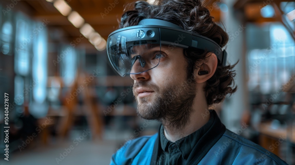 Professional interacting with an AR interface in an office, headset-equipped, managing marketing tasks