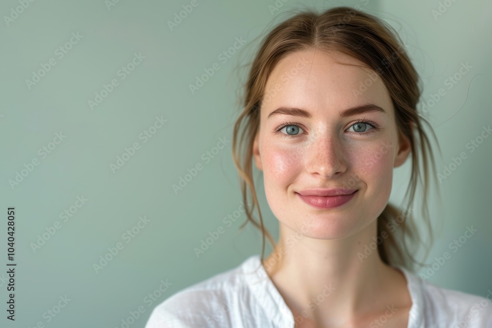 Confident Young Woman with Assertive Smile on Green Monochrome Background Confident Young Woman with Assertive Smile on Green Monochrome Background