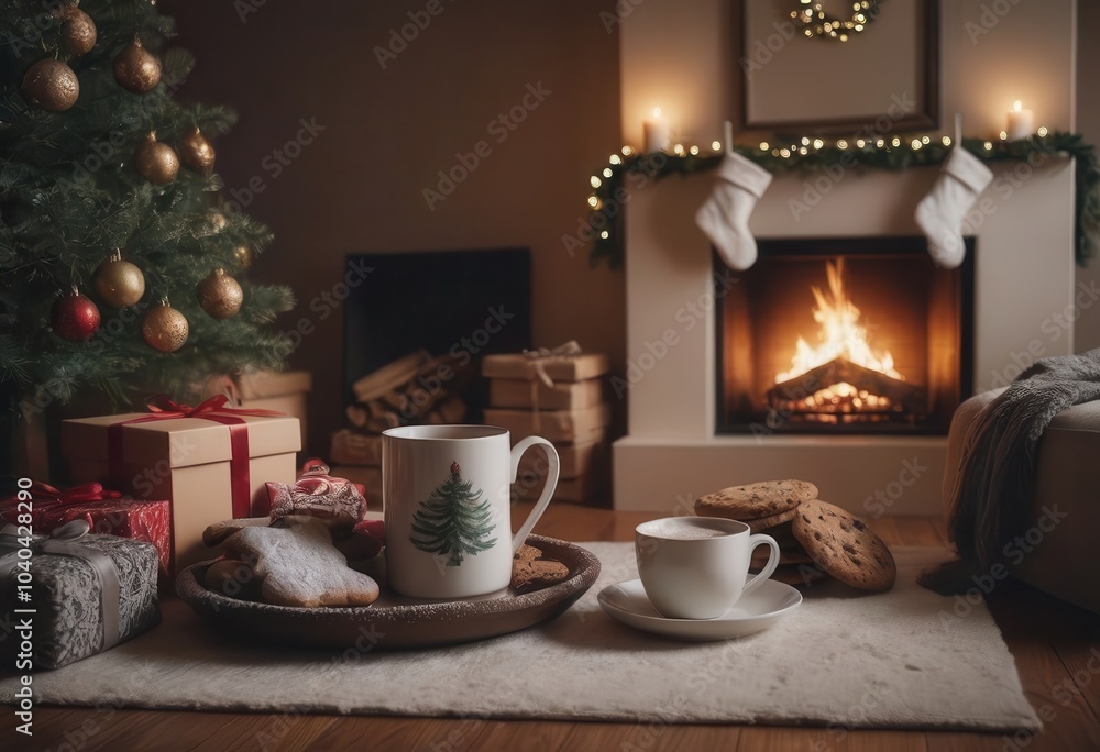 A Christmasdecorated living room with a fireplace and tree A Christmasdecorated living room with a fireplace and tree