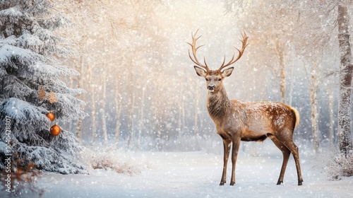 An elegant noble deer male stands in a snowy forest, framed by a winter landscape on a Christmas background