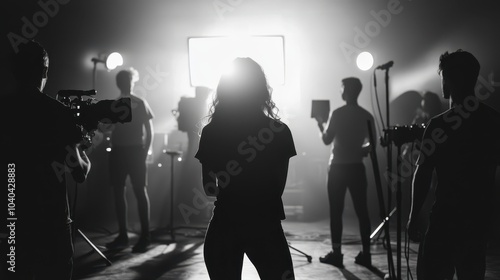 Behind the shooting video production and film crew team. Silhouette of people in studio setting camera and lighting for shooting online video. Film production