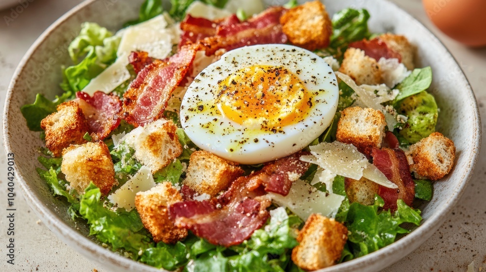 Fresh Caesar Salad with Soft Boiled Egg and Crispy Bacon Fresh Caesar Salad with Soft Boiled Egg and Crispy Bacon