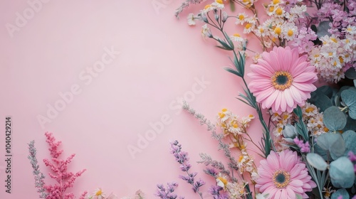 Frame created with fresh, pastel, field flowers and leaves. Text, empty space. Soft pastel background, flat lay. Floral colorful decoration. Illustration, stock.