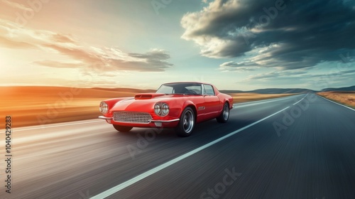 Red Classic Car Driving on a Country Road at Sunset