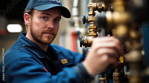 Skilled Worker Adjusting Pipes in Industrial Setting photo