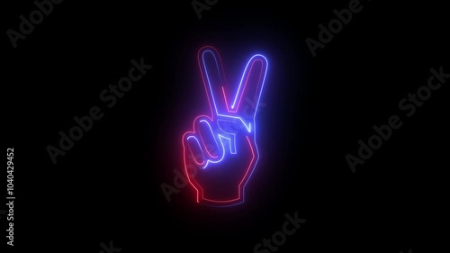 Neon V sign icon colorful animation black background. Glowing hand with two fingers in piece gesture.