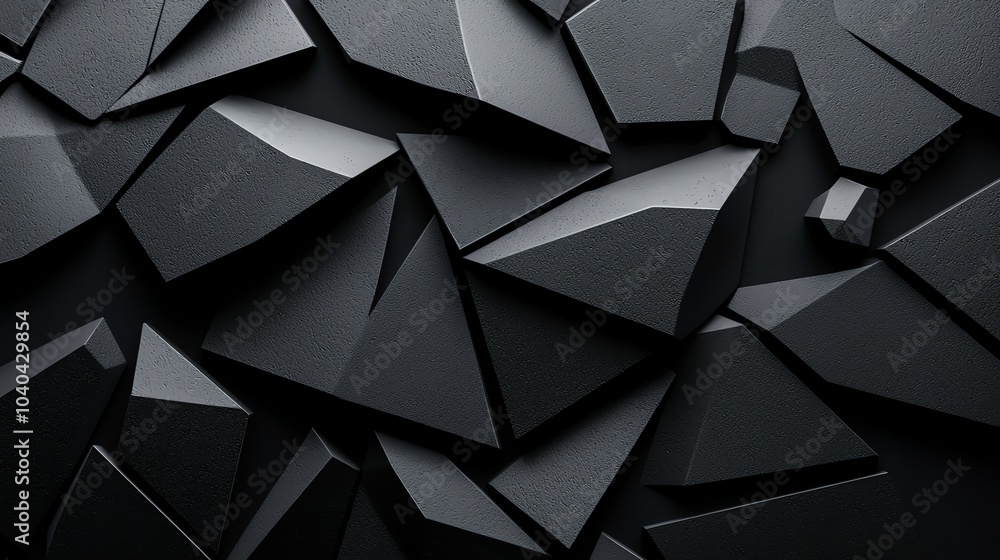A close-up view of textured black surfaces with angular, geometric shapes creating a dynamic visual pattern. A close-up view of textured black surfaces with angular, geometric shapes creating a dynamic visual pattern.