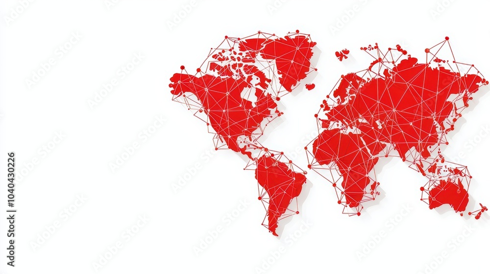 Stylized world map with interconnected lines and red nodes on a white background. Stylized world map with interconnected lines and red nodes on a white background.
