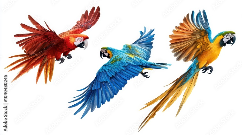 Fototapeta premium Collection of three birds, flying macaw parrots set (red, blue and blue-and-yellow) isolated on white background as transparent PNG, generative AI animal