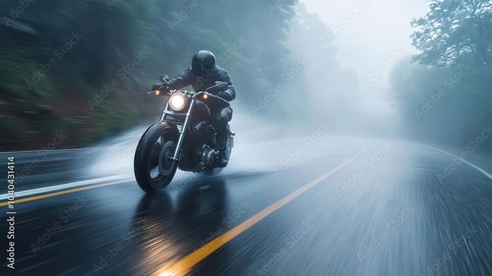 Fototapeta premium Motorcycle rider speeding down a rain-soaked foggy road, water splashing up as the tires cut through the mist