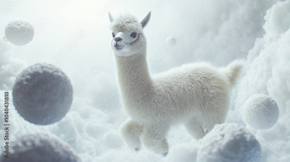 Obraz premium White Alpaca Standing on a Cloud of Cotton Balls