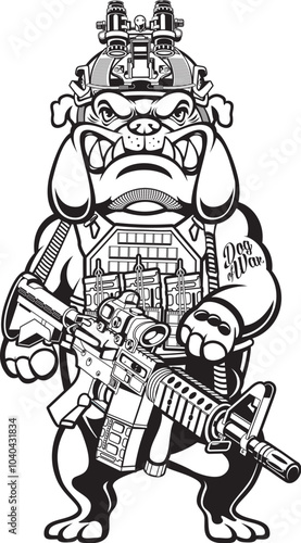 cartoon style dog wearing military gear and holding assault rifle
