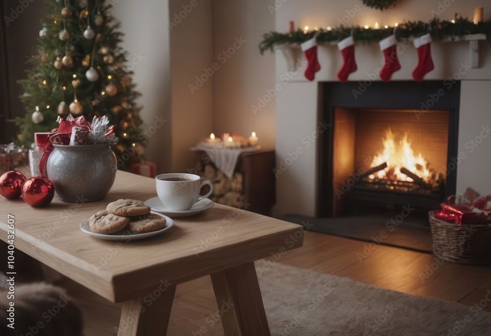 A Christmasdecorated living room with a fireplace and tree A Christmasdecorated living room with a fireplace and tree