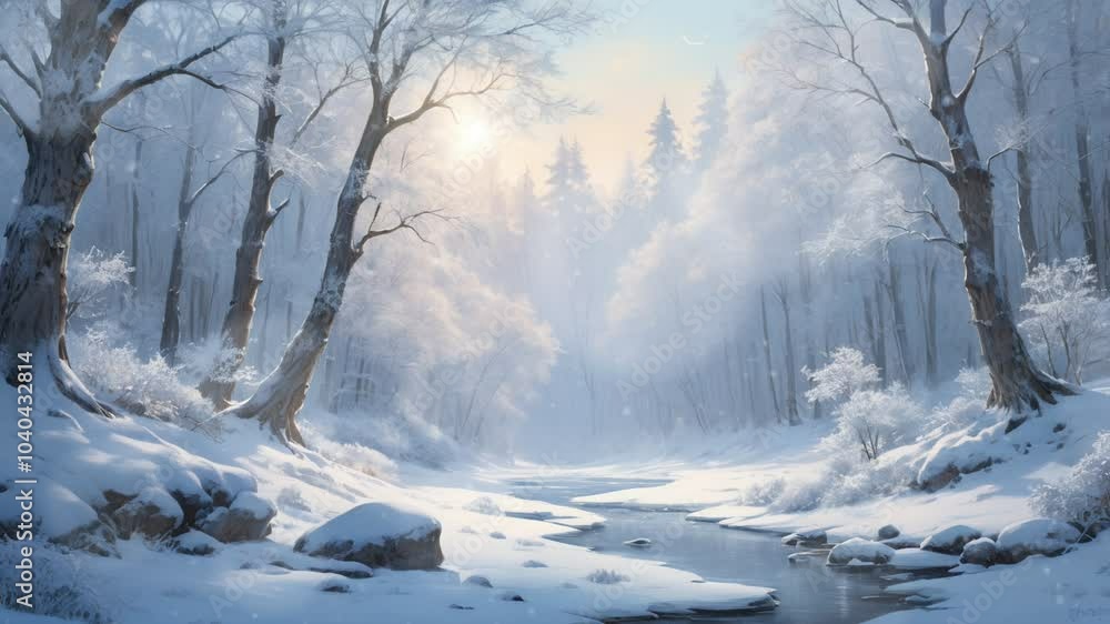 A snowy forest with a frozen river in the winter. The trees are covered in snow, and the sun is shining through the branches, creating a beautiful, dreamy atmosphere. A snowy forest with a frozen river in the winter. The trees are covered in snow, and the sun is shining through the branches, creating a beautiful, dreamy atmosphere.