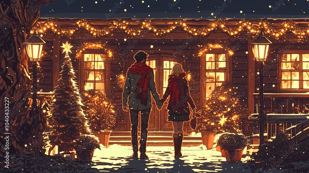 Romantic couple holding hands in a festive holiday setting Romantic couple holding hands in a festive holiday setting