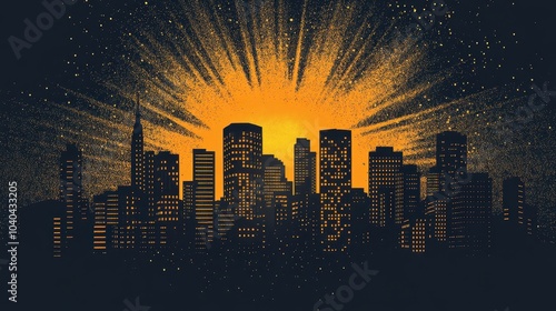 Downtown cityscape with orange yellow sun ray sun burst comic halftone retro design. Summer design. Dark night halloween theme. Generative AI