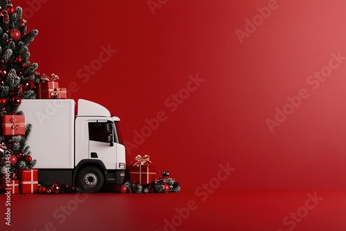 A white truck is parked in front of a Christmas tree. , with ample copy space for text..