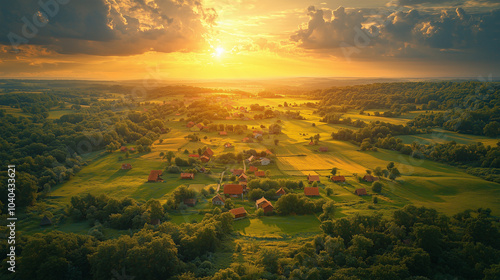 Aerial photo is taken from the side. Classic European landscape with small settlements and meadows. High detail.